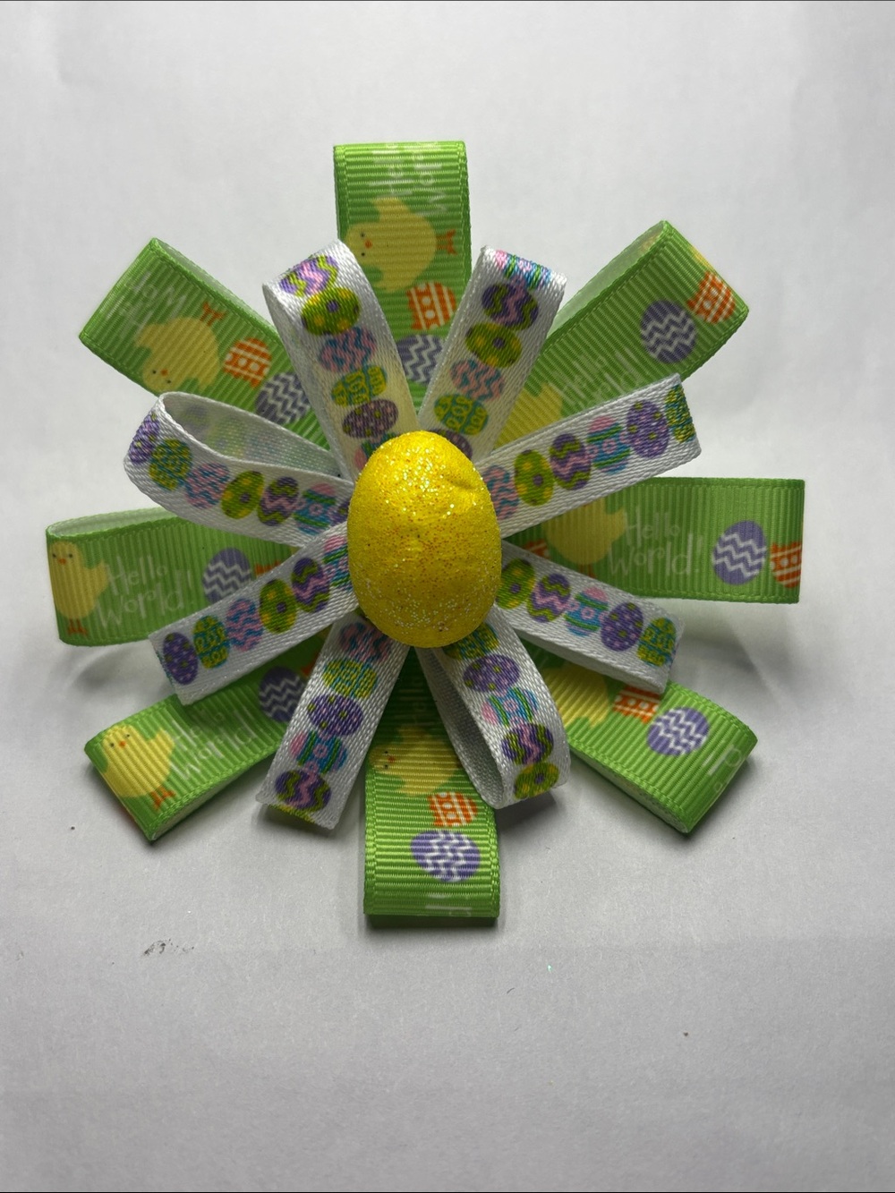 Easter Ribbon Flower Hair Bow with Yellow Glitter Egg